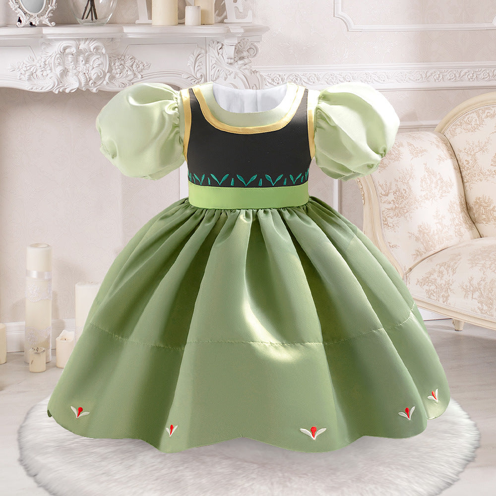 Sage Green A-Line Embroidered Princess Dress for Little Girls | Satin Tea Length Party Gown