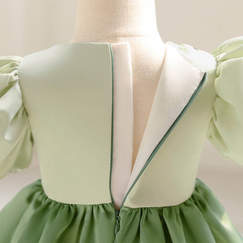 Sage Green A-Line Embroidered Princess Dress for Little Girls | Satin Tea Length Party Gown