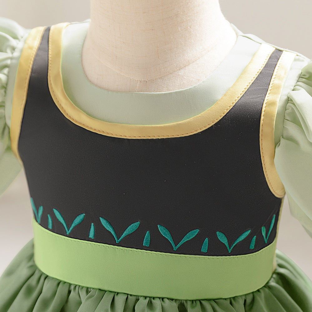 Sage Green A-Line Embroidered Princess Dress for Little Girls | Satin Tea Length Party Gown