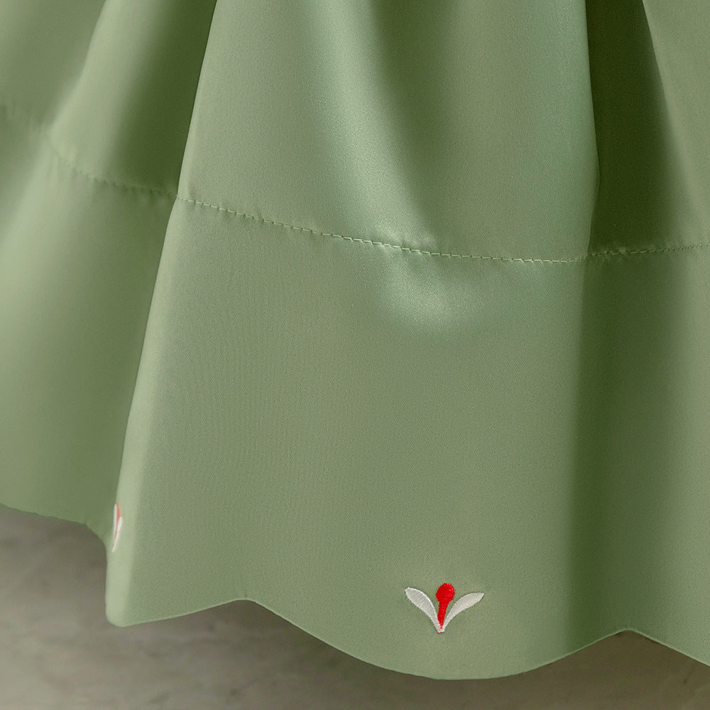 Sage Green A-Line Embroidered Princess Dress for Little Girls | Satin Tea Length Party Gown