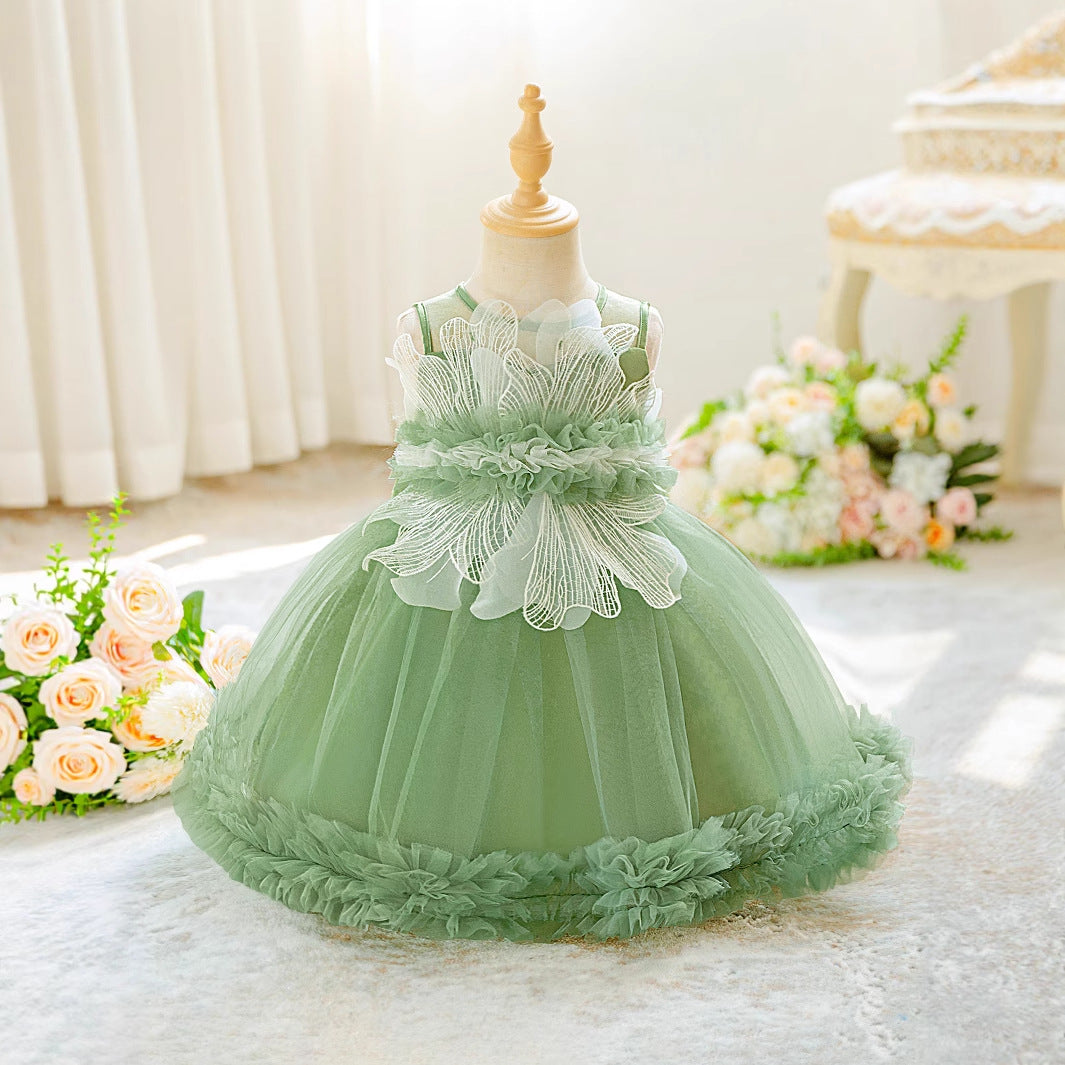 Sage Green Off-Shoulder Puffy Ball Gown for Baby Girls - Party & Wedding Dress