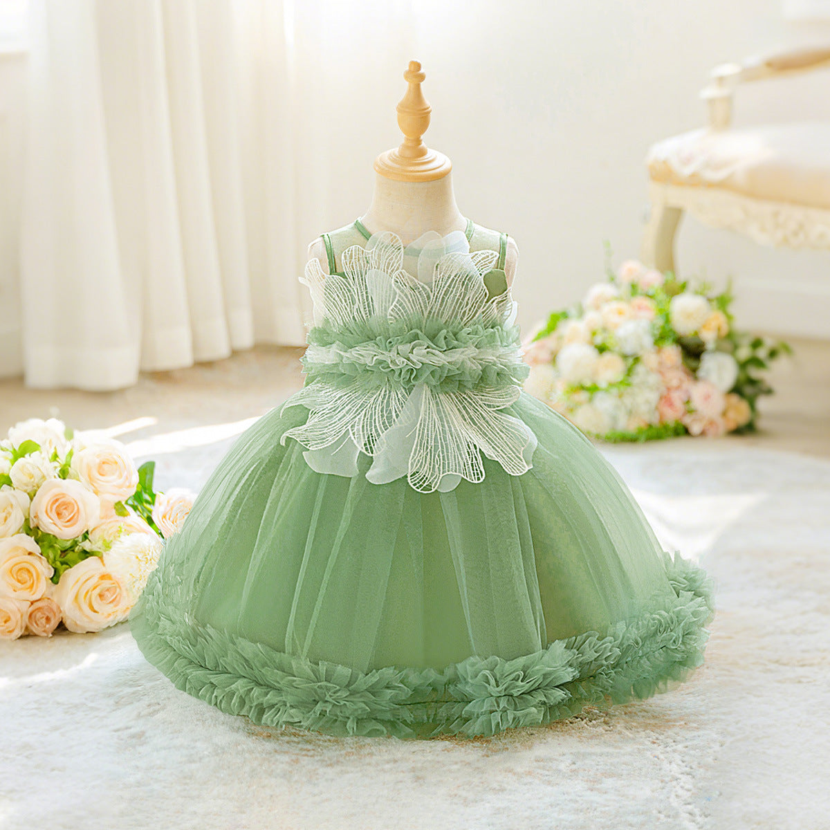 Sage Green Off-Shoulder Puffy Ball Gown for Baby Girls - Party & Wedding Dress
