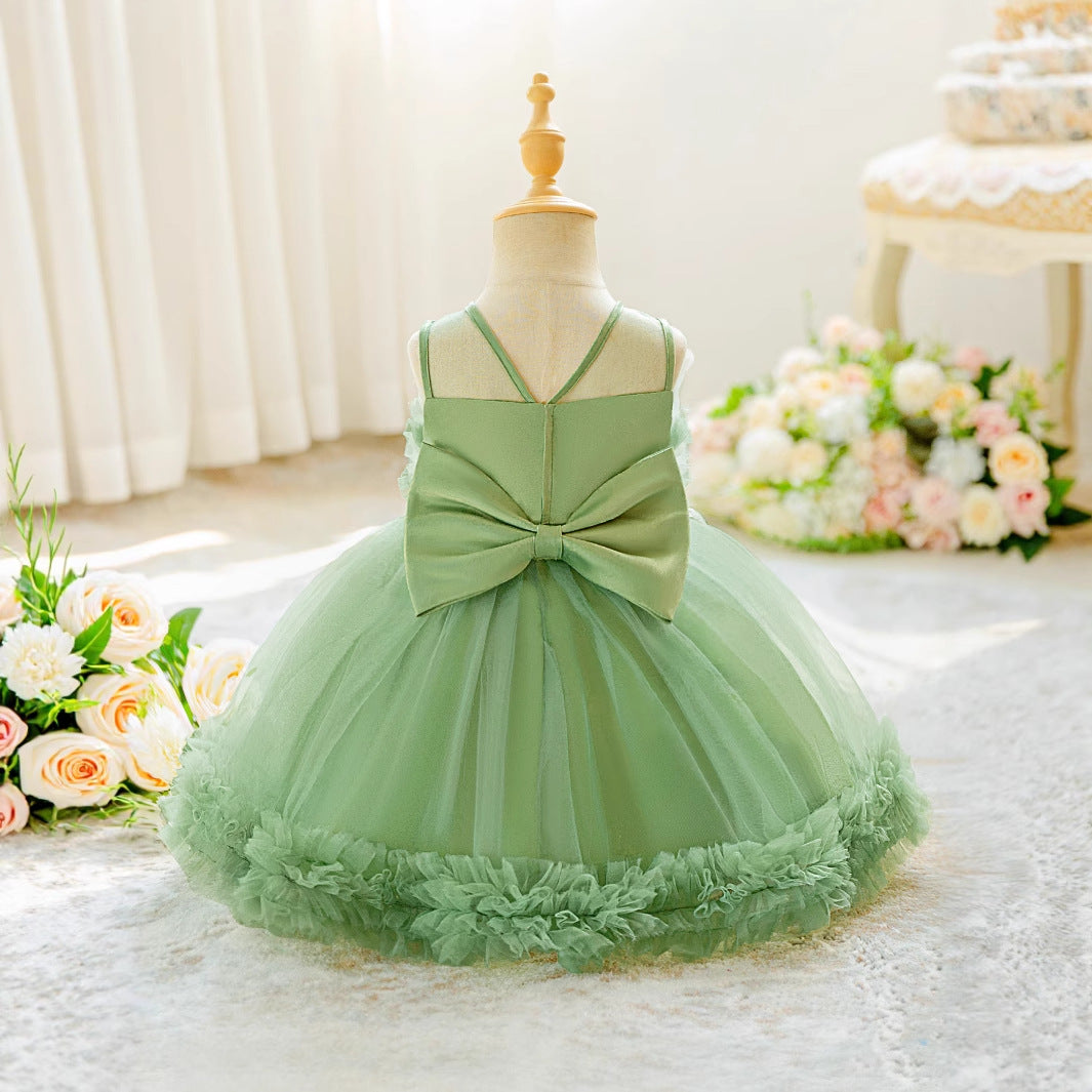 Sage Green Off-Shoulder Puffy Ball Gown for Baby Girls - Party & Wedding Dress