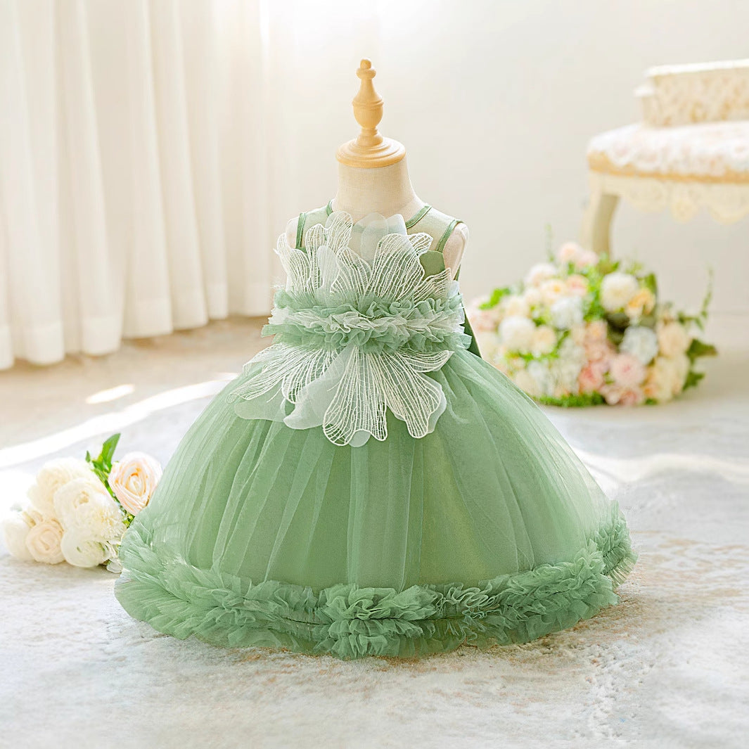 Sage Green Off-Shoulder Puffy Ball Gown for Baby Girls - Party & Wedding Dress