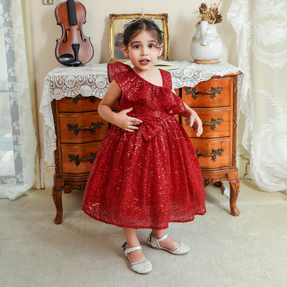 Sequin A-Line Flower Girl Dress with Bow & Ruffle – Tea Length Special Occasion Outfits