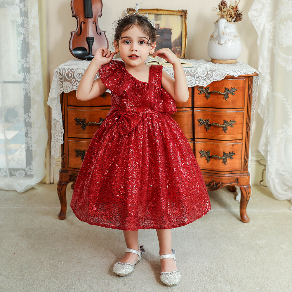 Sequin A-Line Flower Girl Dress with Bow & Ruffle – Tea Length Special Occasion Outfits