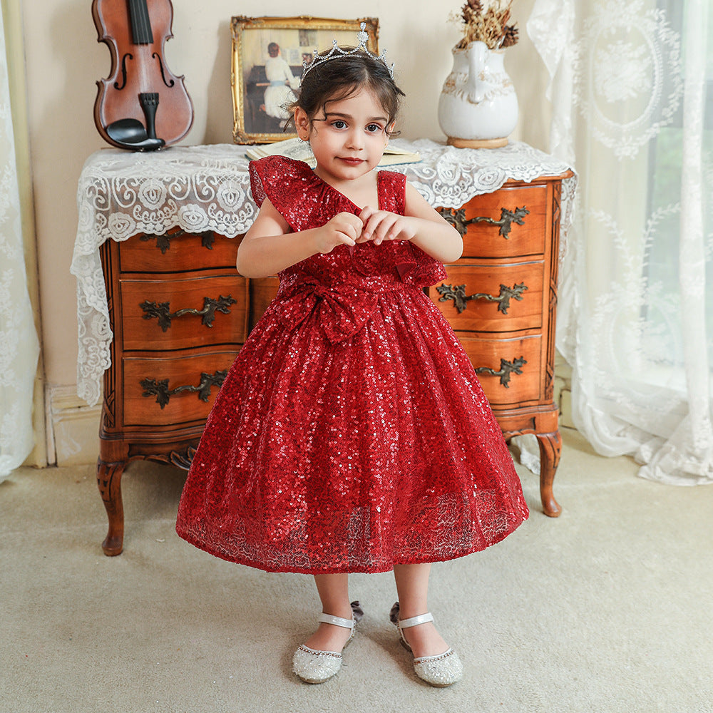 Sequin A-Line Flower Girl Dress with Bow & Ruffle – Tea Length Special Occasion Outfits