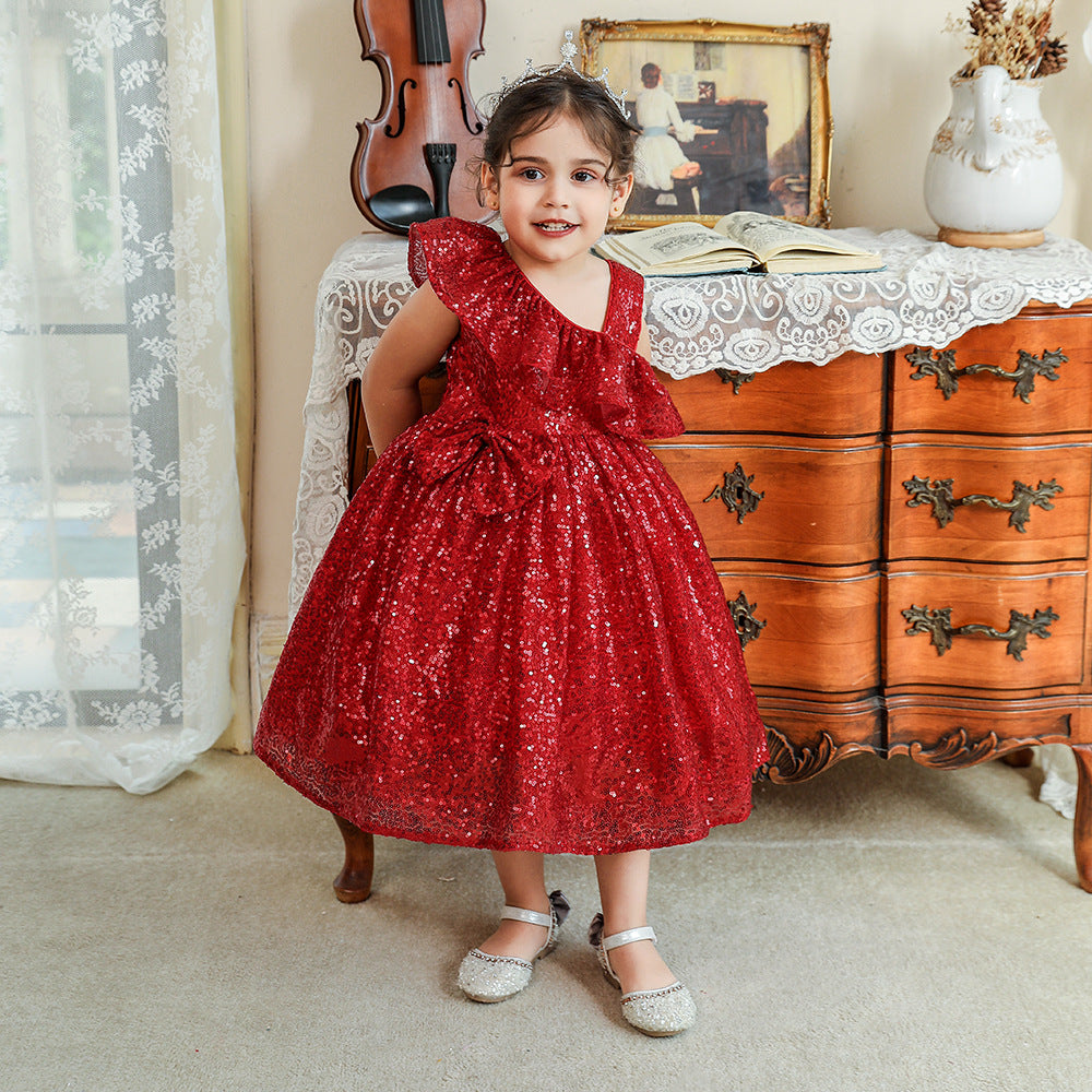 Sequin A-Line Flower Girl Dress with Bow & Ruffle – Tea Length Special Occasion Outfits