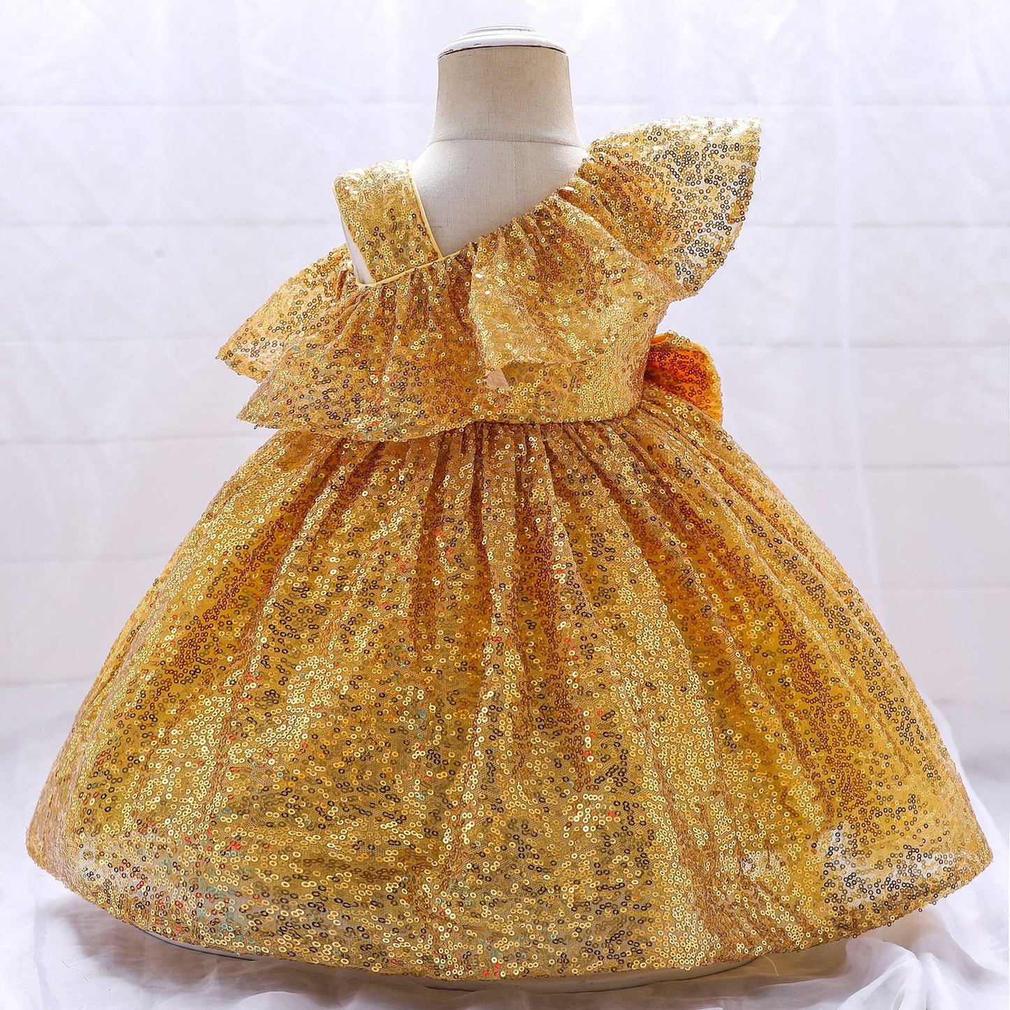 Sequin A-Line Flower Girl Dress with Bow & Ruffle – Tea Length Special Occasion Outfits