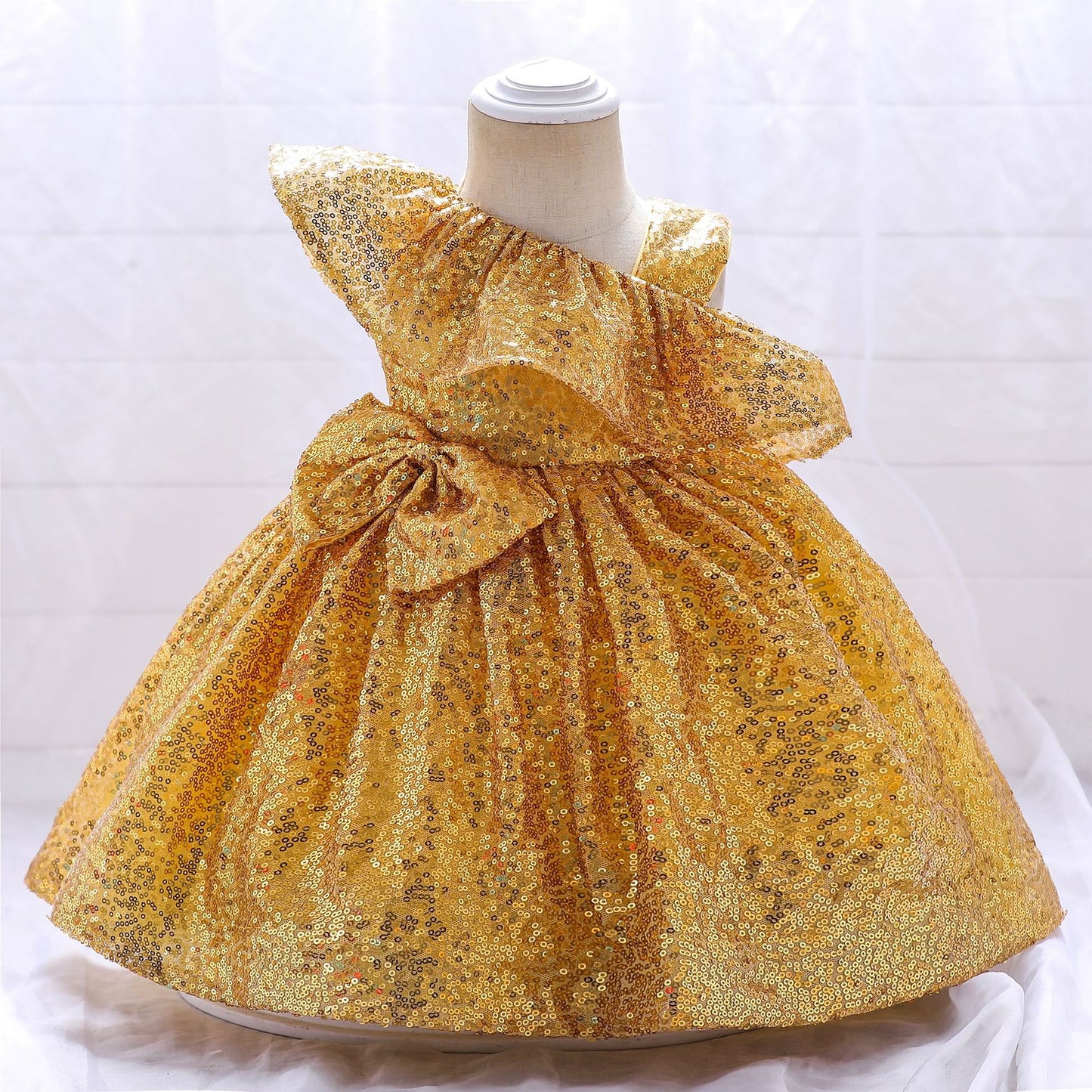 Sequin A-Line Flower Girl Dress with Bow & Ruffle – Tea Length Special Occasion Outfits