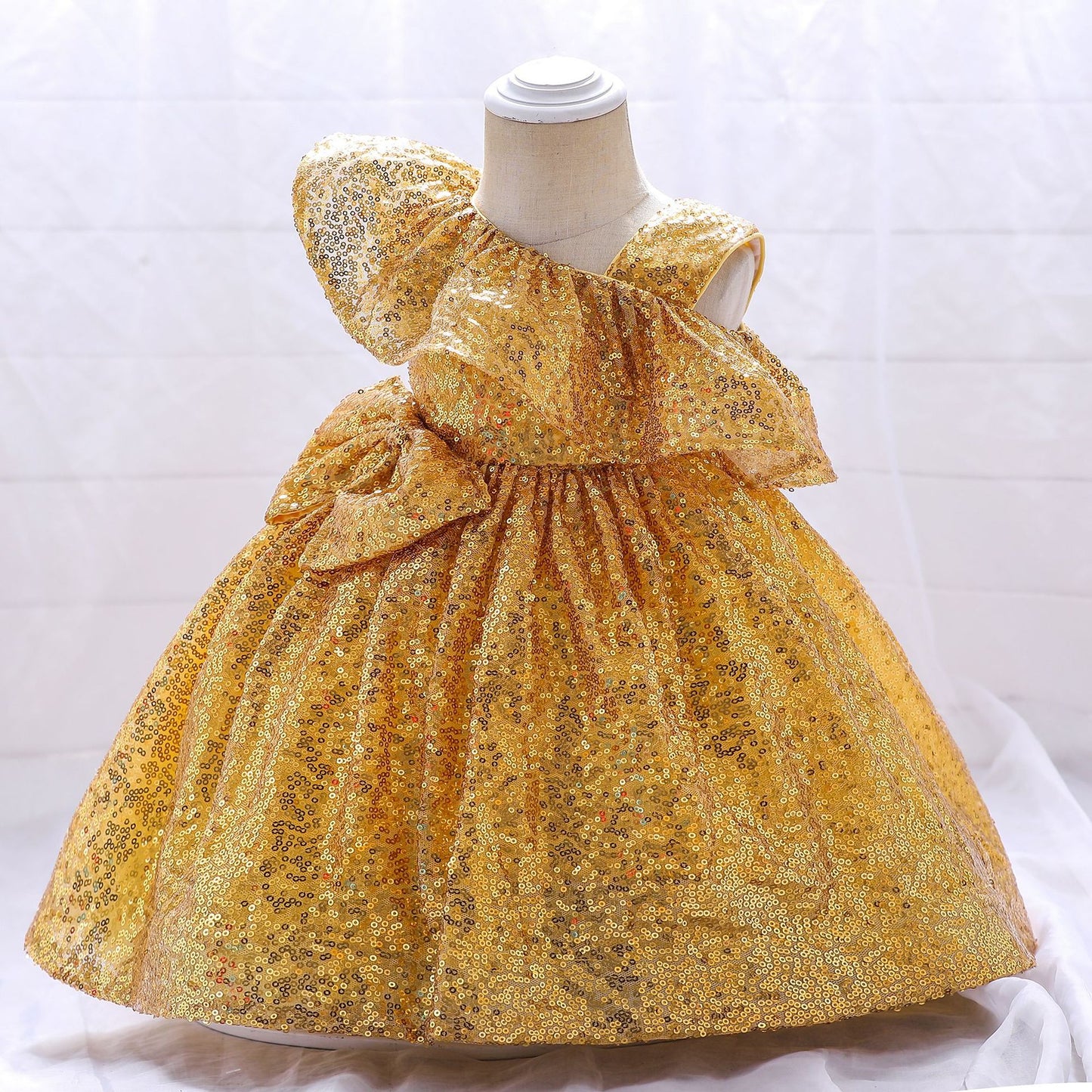 Sequin A-Line Flower Girl Dress with Bow & Ruffle – Tea Length Special Occasion Outfits