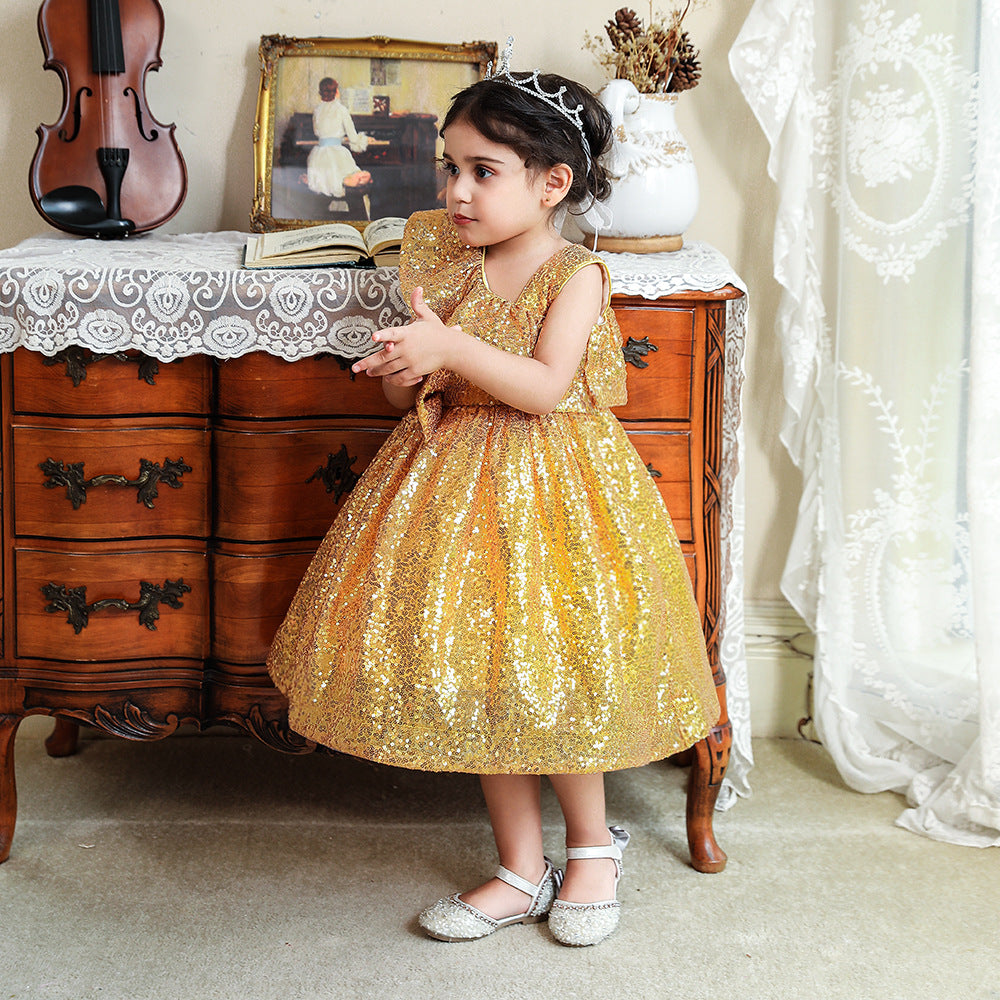 Sequin A-Line Flower Girl Dress with Bow & Ruffle – Tea Length Special Occasion Outfits