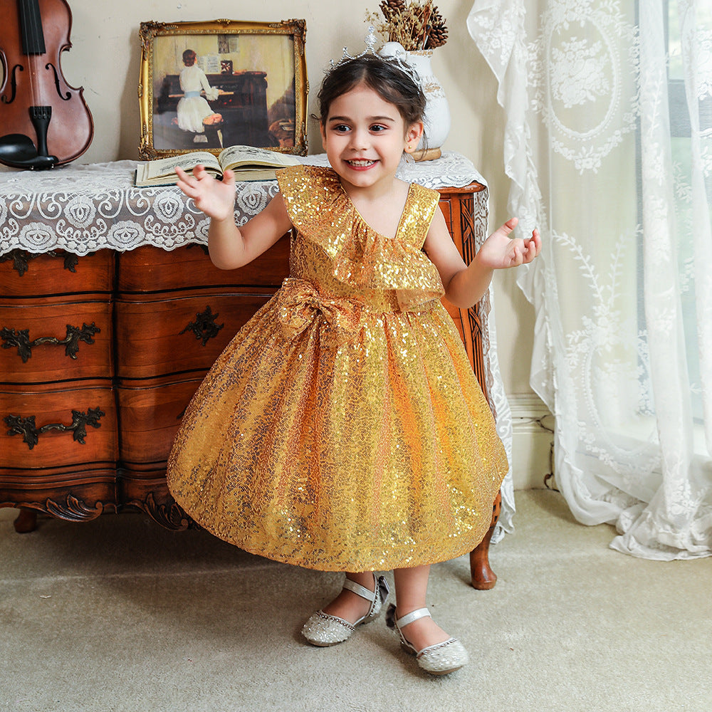 Sequin A-Line Flower Girl Dress with Bow & Ruffle – Tea Length Special Occasion Outfits