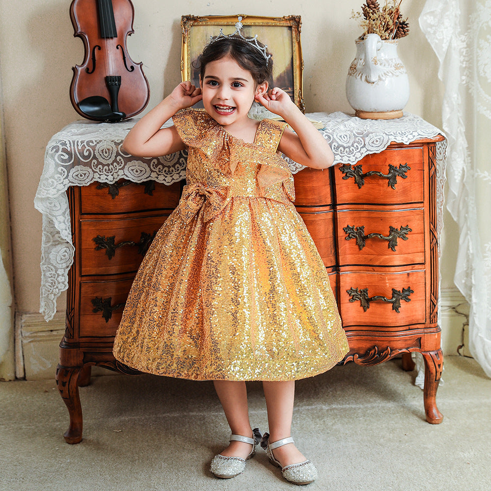Sequin A-Line Flower Girl Dress with Bow & Ruffle – Tea Length Special Occasion Outfits