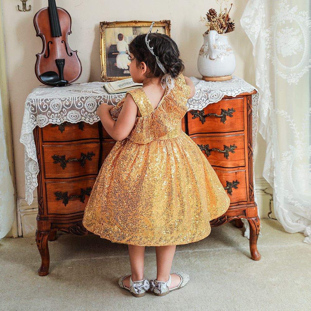 Sequin A-Line Flower Girl Dress with Bow & Ruffle – Tea Length Special Occasion Outfits