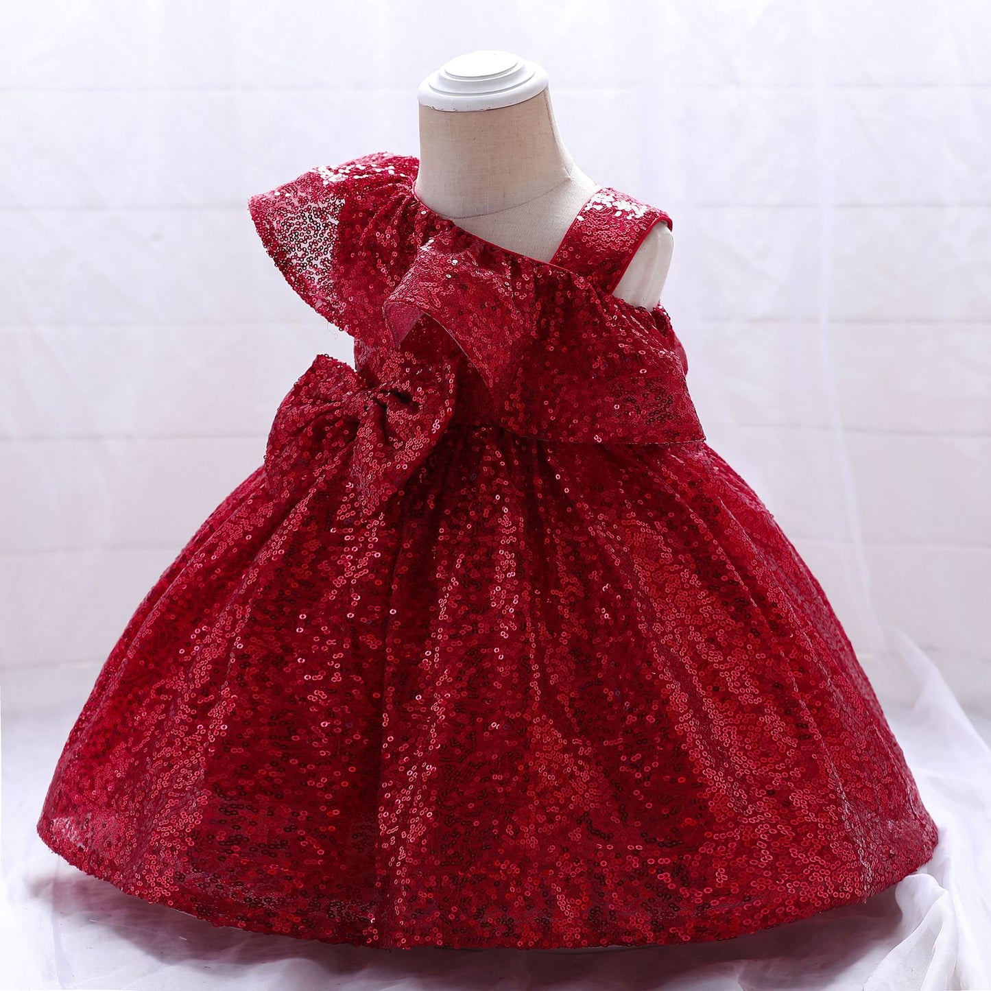 Sequin A-Line Flower Girl Dress with Bow & Ruffle – Tea Length Special Occasion Outfits
