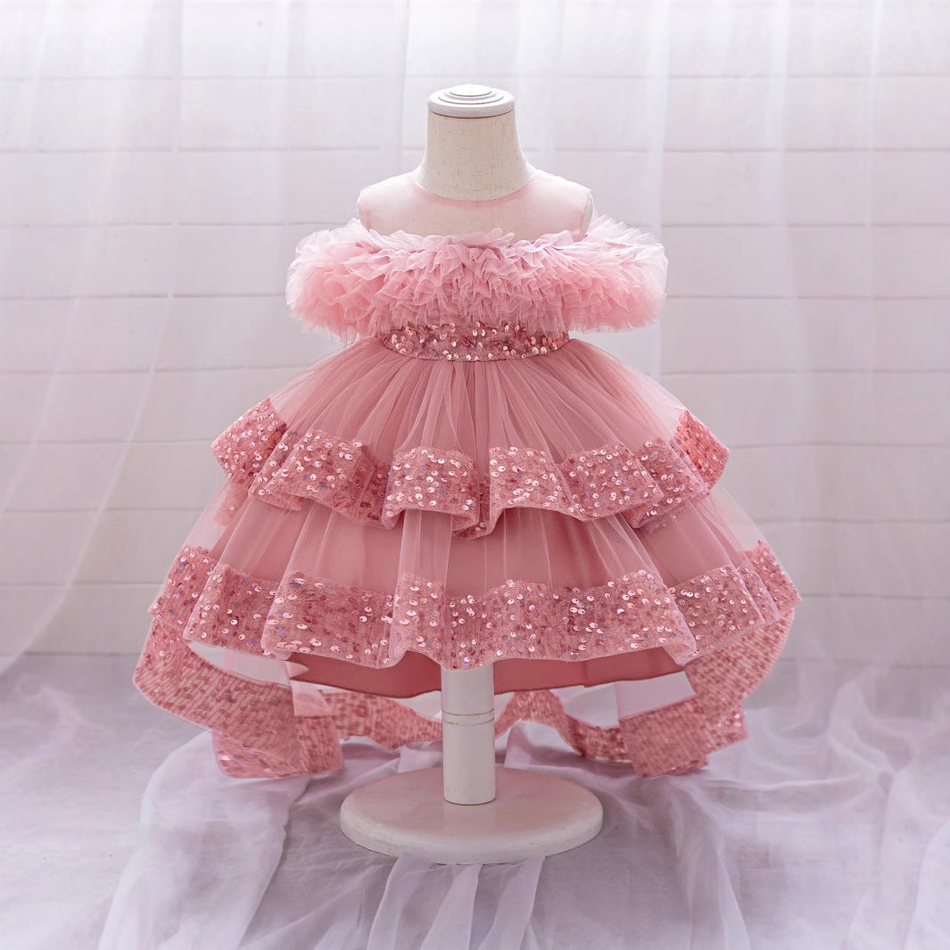 Pink Sequin Beaded Tiered Mesh Ball Gown for Toddlers | High-Low Puffy Flower Girl Dress