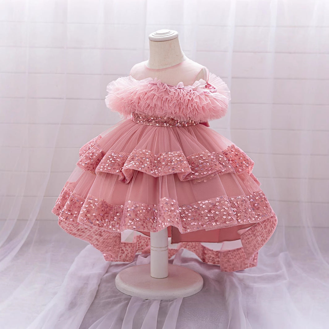 Pink Sequin Beaded Tiered Mesh Ball Gown for Toddlers | High-Low Puffy Flower Girl Dress