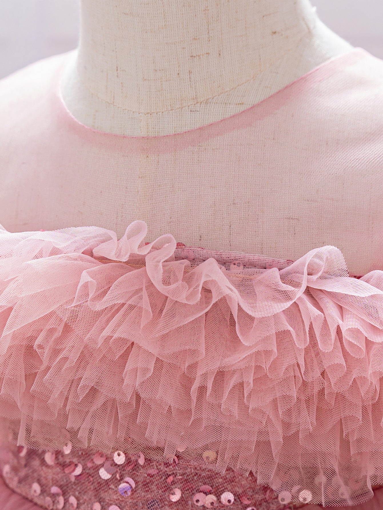 Pink Sequin Beaded Tiered Mesh Ball Gown for Toddlers | High-Low Puffy Flower Girl Dress