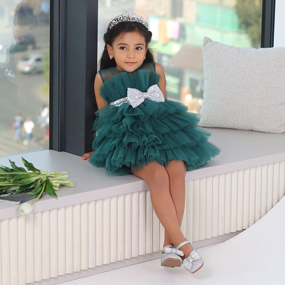 Layered Sequin Bow Princess Tulle Dress for Girls - Party & Birthday Ball Gown
