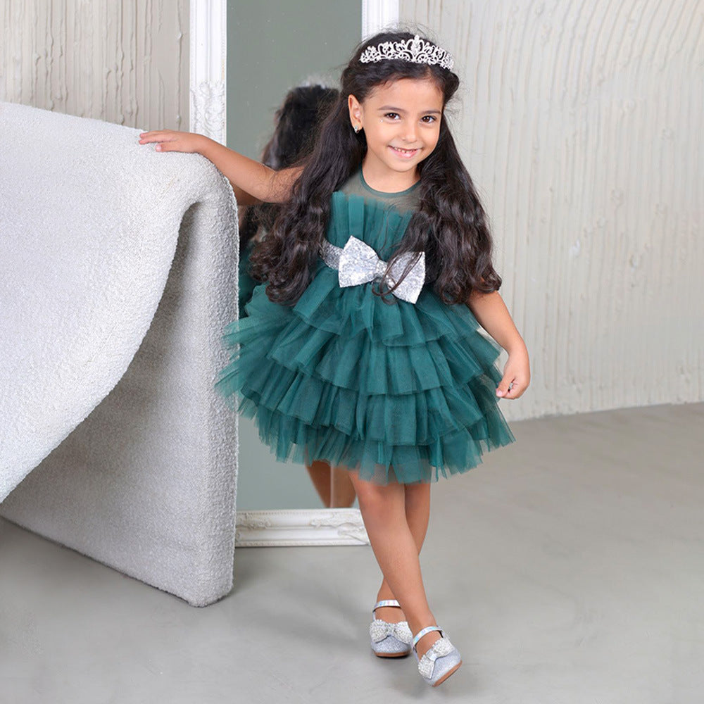 Layered Sequin Bow Princess Tulle Dress for Girls - Party & Birthday Ball Gown