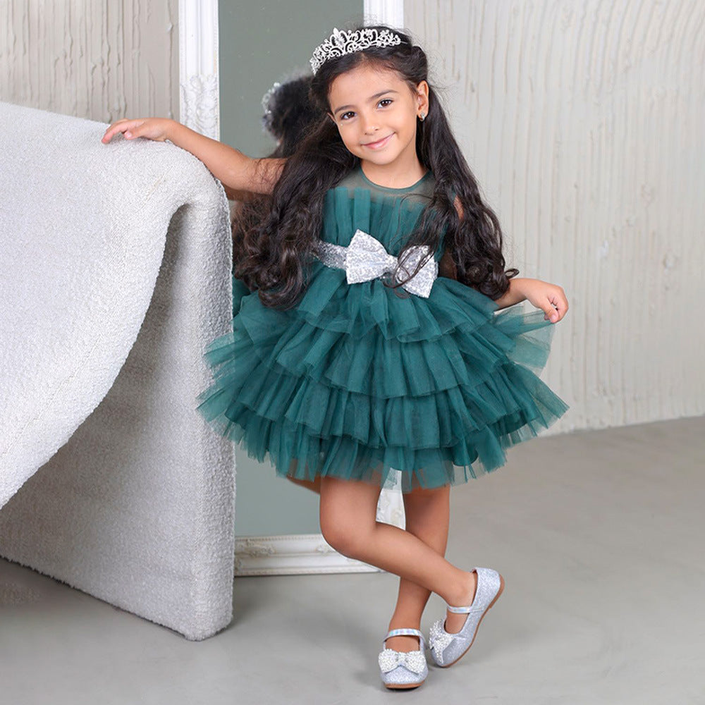 Layered Sequin Bow Princess Tulle Dress for Girls - Party & Birthday Ball Gown