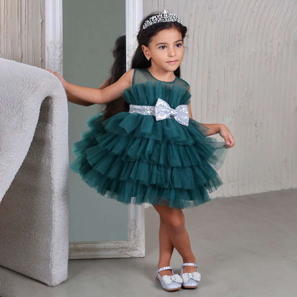 Layered Sequin Bow Princess Tulle Dress for Girls - Party & Birthday Ball Gown