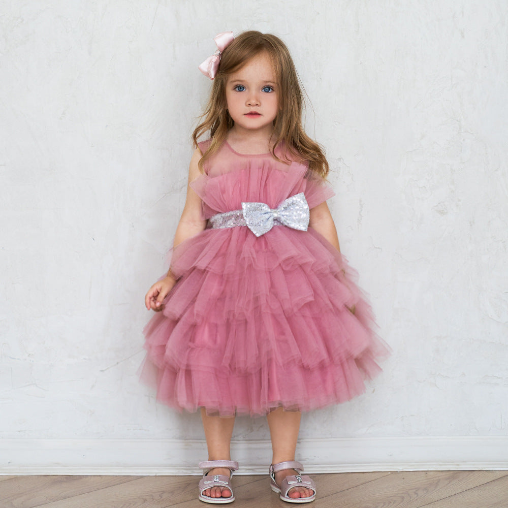 Layered Sequin Bow Princess Tulle Dress for Girls - Party & Birthday Ball Gown