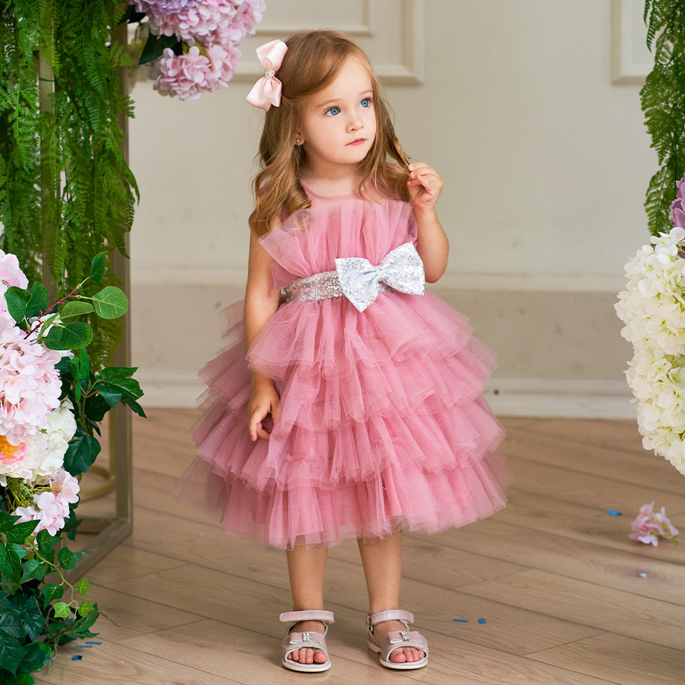 Layered Sequin Bow Princess Tulle Dress for Girls - Party & Birthday Ball Gown