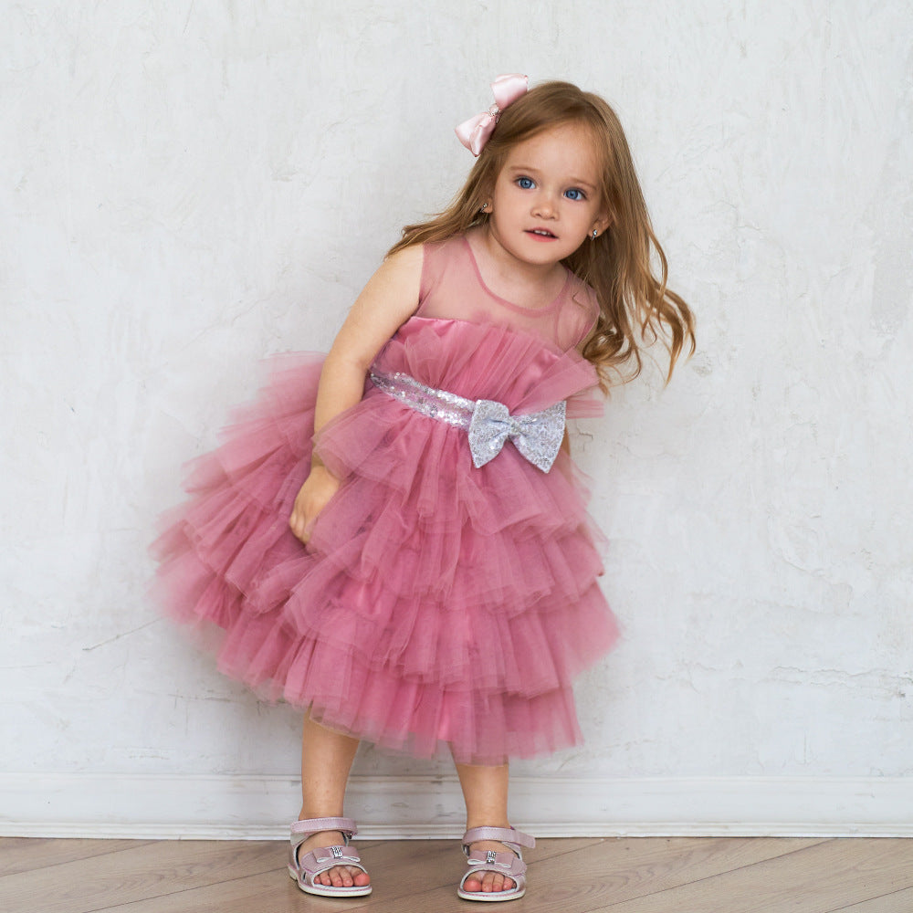 Layered Sequin Bow Princess Tulle Dress for Girls - Party & Birthday Ball Gown