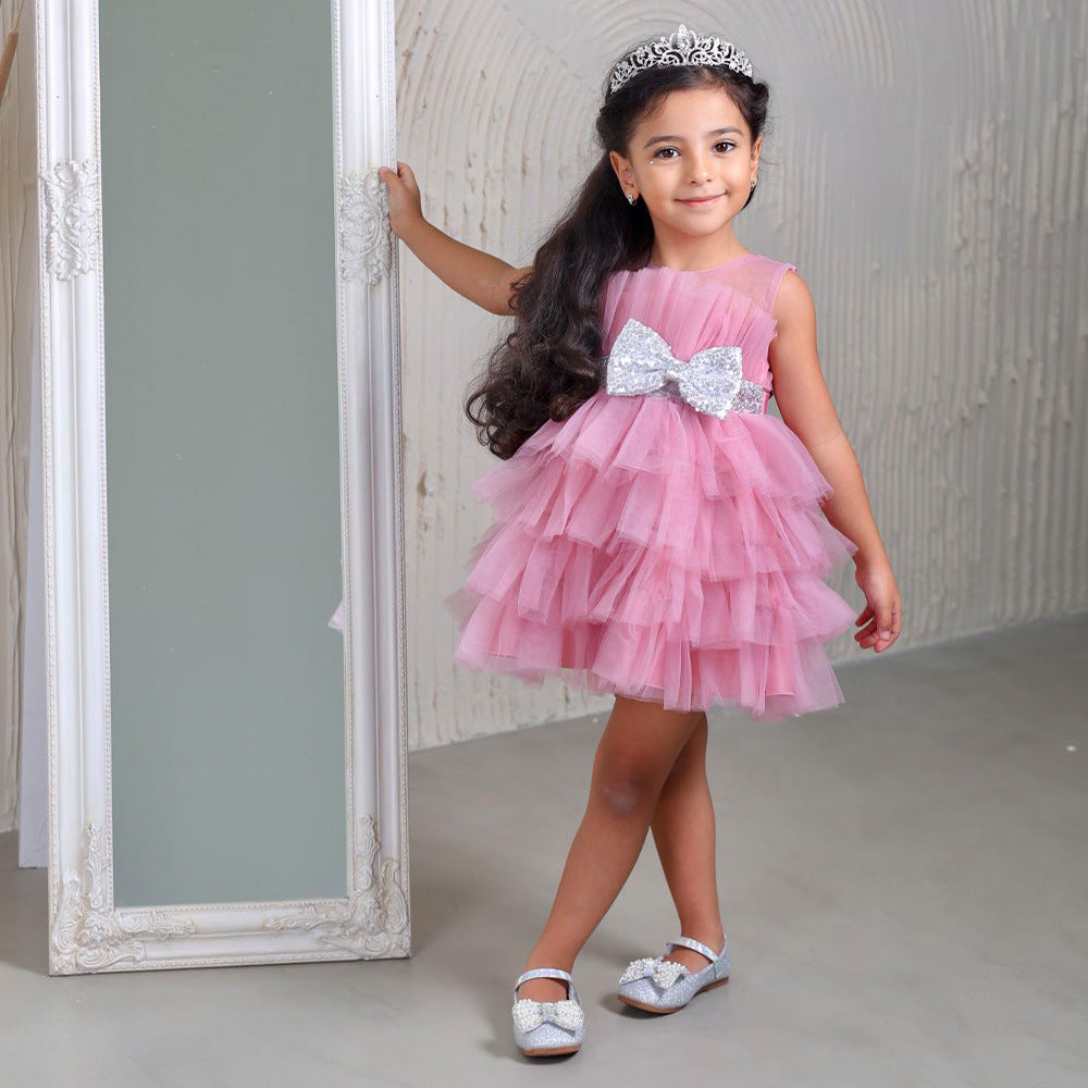 Layered Sequin Bow Princess Tulle Dress for Girls - Party & Birthday Ball Gown