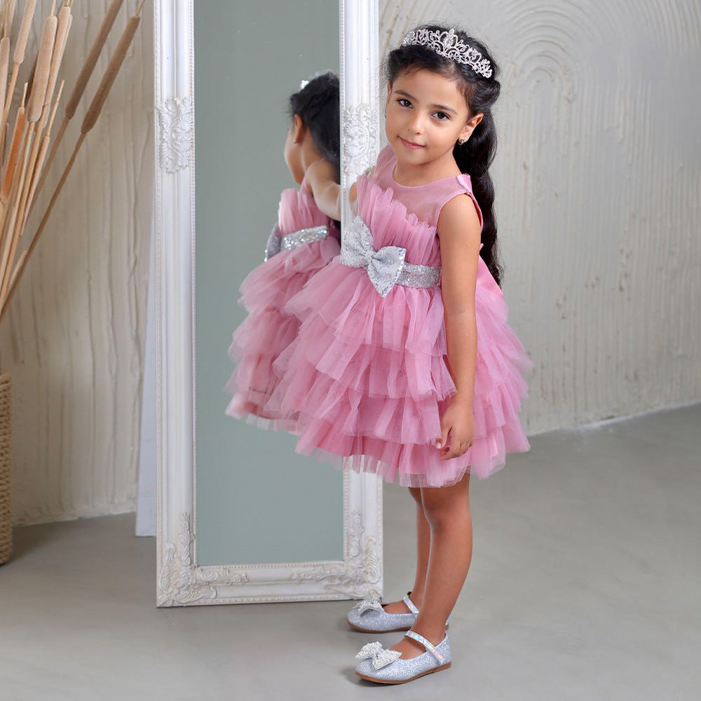 Layered Sequin Bow Princess Tulle Dress for Girls - Party & Birthday Ball Gown