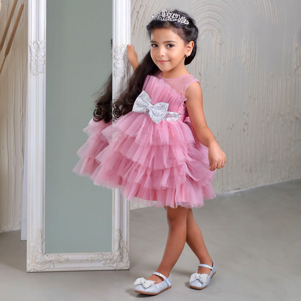Layered Sequin Bow Princess Tulle Dress for Girls - Party & Birthday Ball Gown