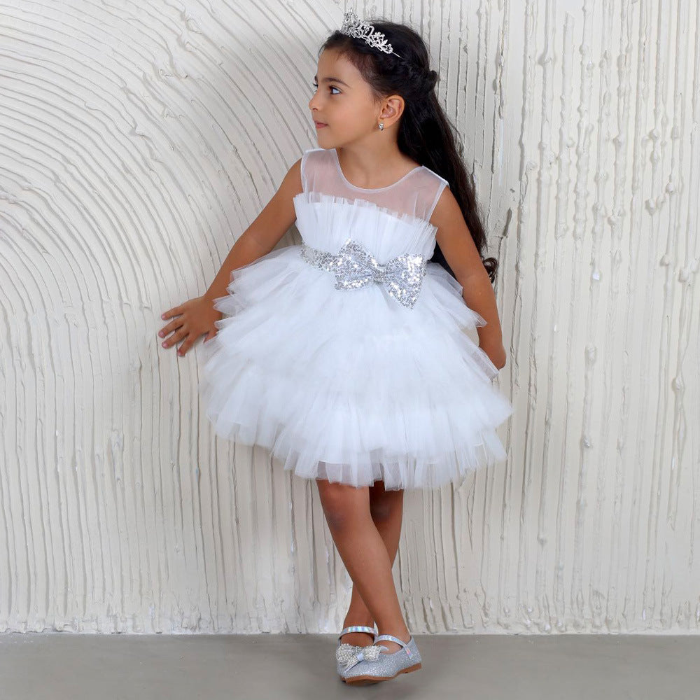Layered Sequin Bow Princess Tulle Dress for Girls - Party & Birthday Ball Gown