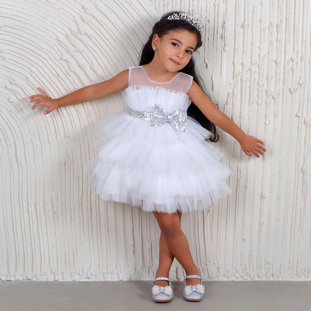 Layered Sequin Bow Princess Tulle Dress for Girls - Party & Birthday Ball Gown