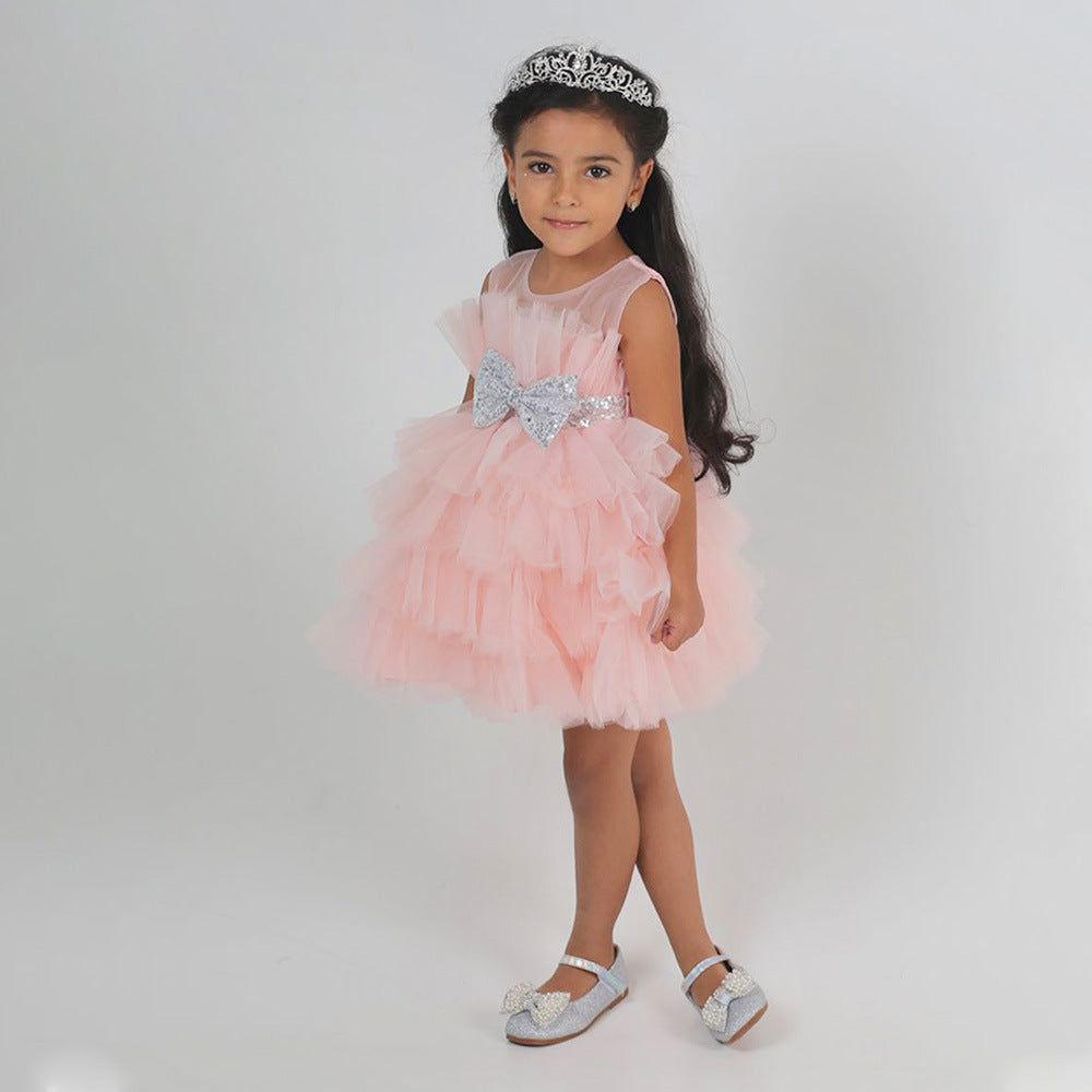 Layered Sequin Bow Princess Tulle Dress for Girls - Party & Birthday Ball Gown