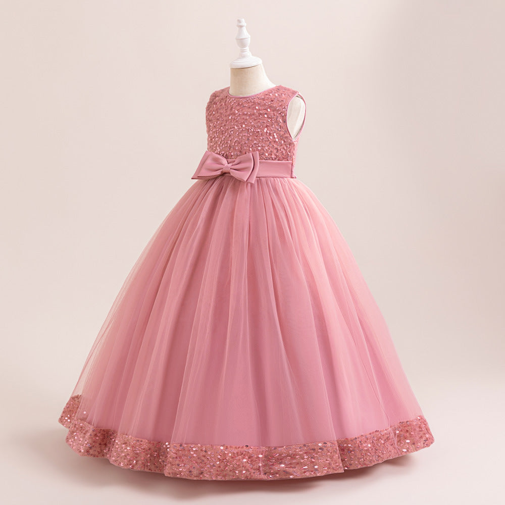 Sparkly Sequin Maxi Princess Dress for Girls | A-Line Formal Gown with Bow