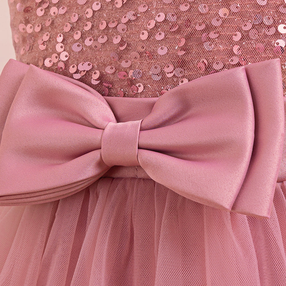 Sparkly Sequin Maxi Princess Dress for Girls | A-Line Formal Gown with Bow