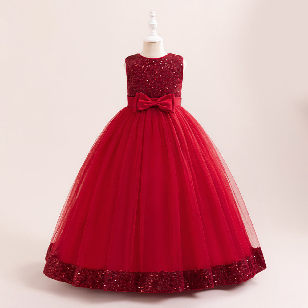 Sparkly Sequin Maxi Princess Dress for Girls | A-Line Formal Gown with Bow