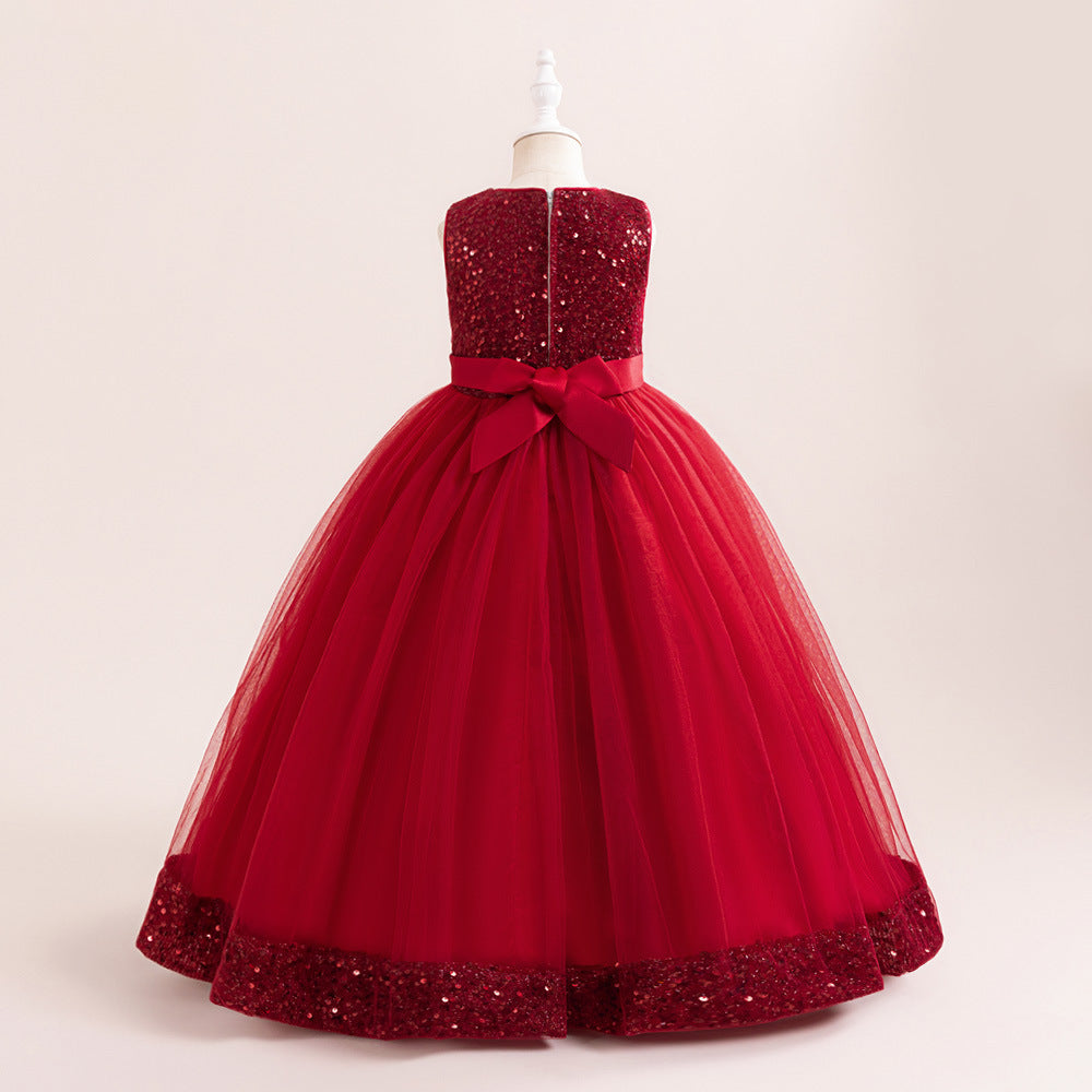 Sparkly Sequin Maxi Princess Dress for Girls | A-Line Formal Gown with Bow
