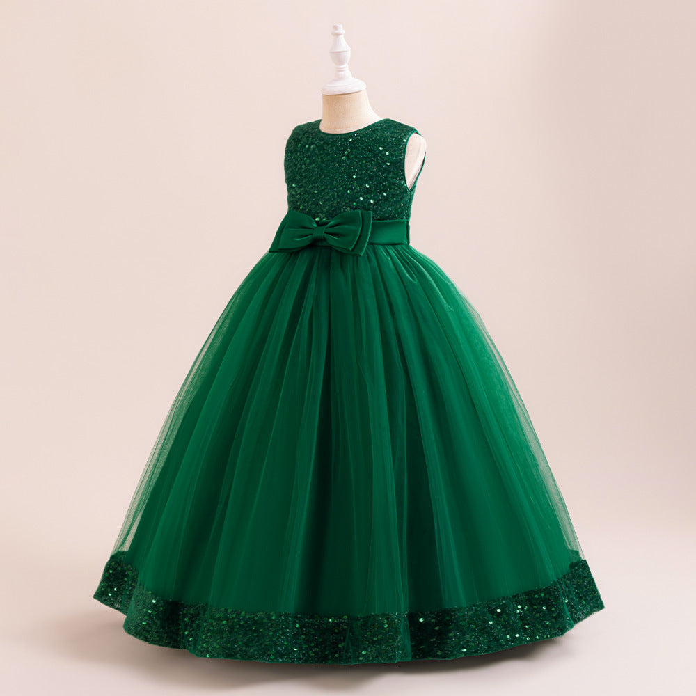 Sparkly Sequin Maxi Princess Dress for Girls | A-Line Formal Gown with Bow