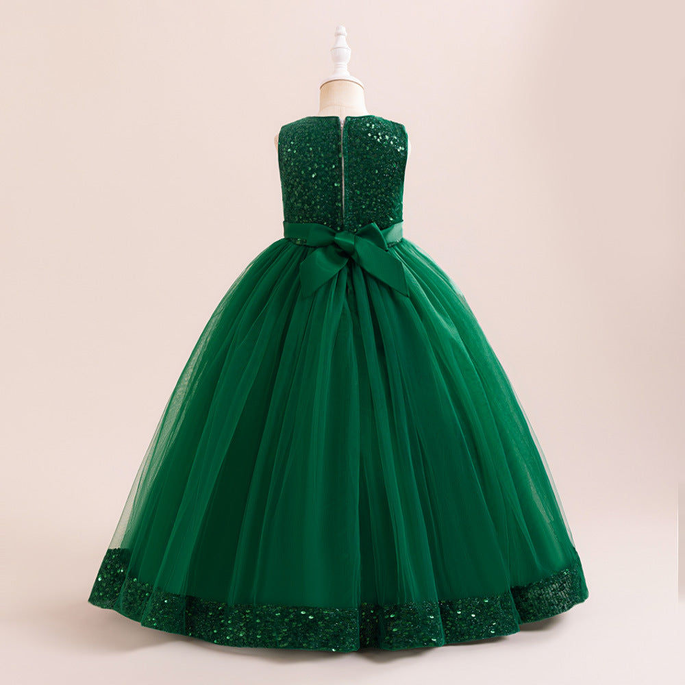 Sparkly Sequin Maxi Princess Dress for Girls | A-Line Formal Gown with Bow
