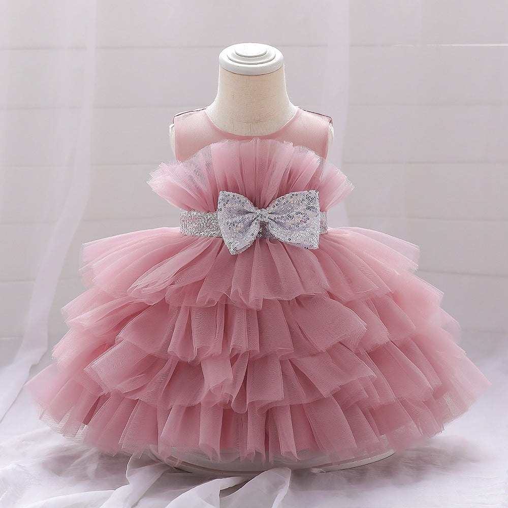 Sequin Bow Puffy Tulle Ball Gown Dress for Girls | Off Shoulder Kids Birthday Dress