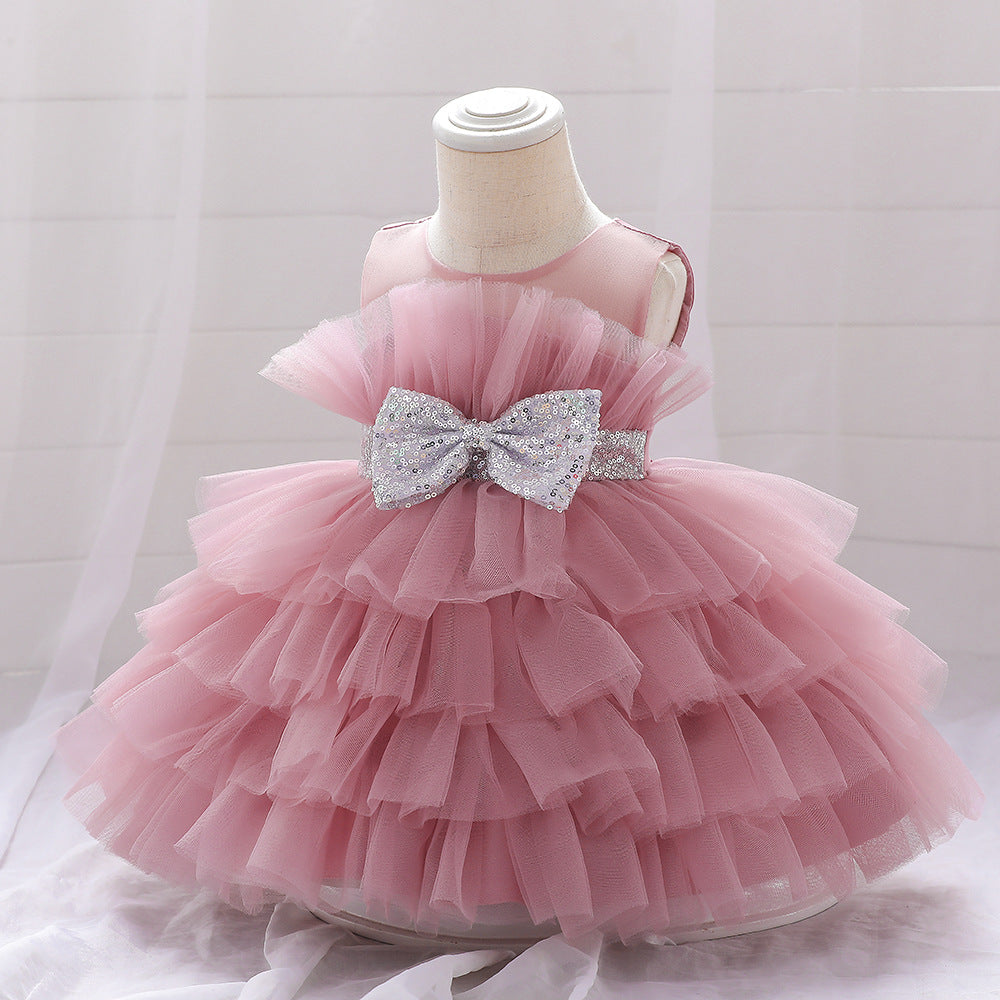Sequin Bow Puffy Tulle Ball Gown Dress for Girls | Off Shoulder Kids Birthday Dress