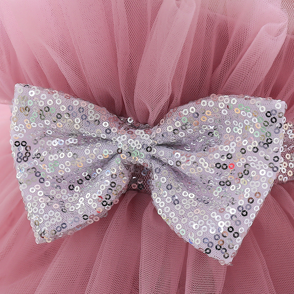 Sequin Bow Puffy Tulle Ball Gown Dress for Girls | Off Shoulder Kids Birthday Dress