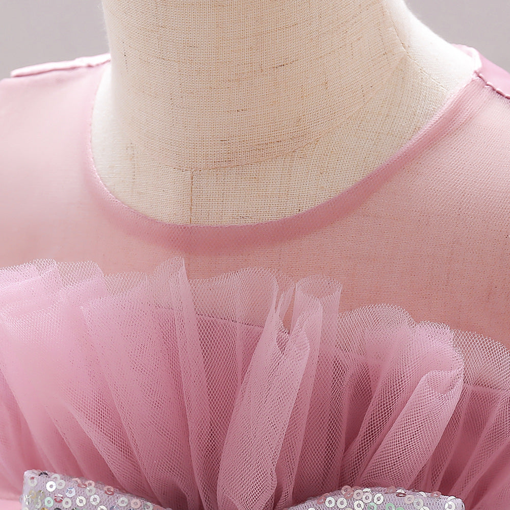 Sequin Bow Puffy Tulle Ball Gown Dress for Girls | Off Shoulder Kids Birthday Dress