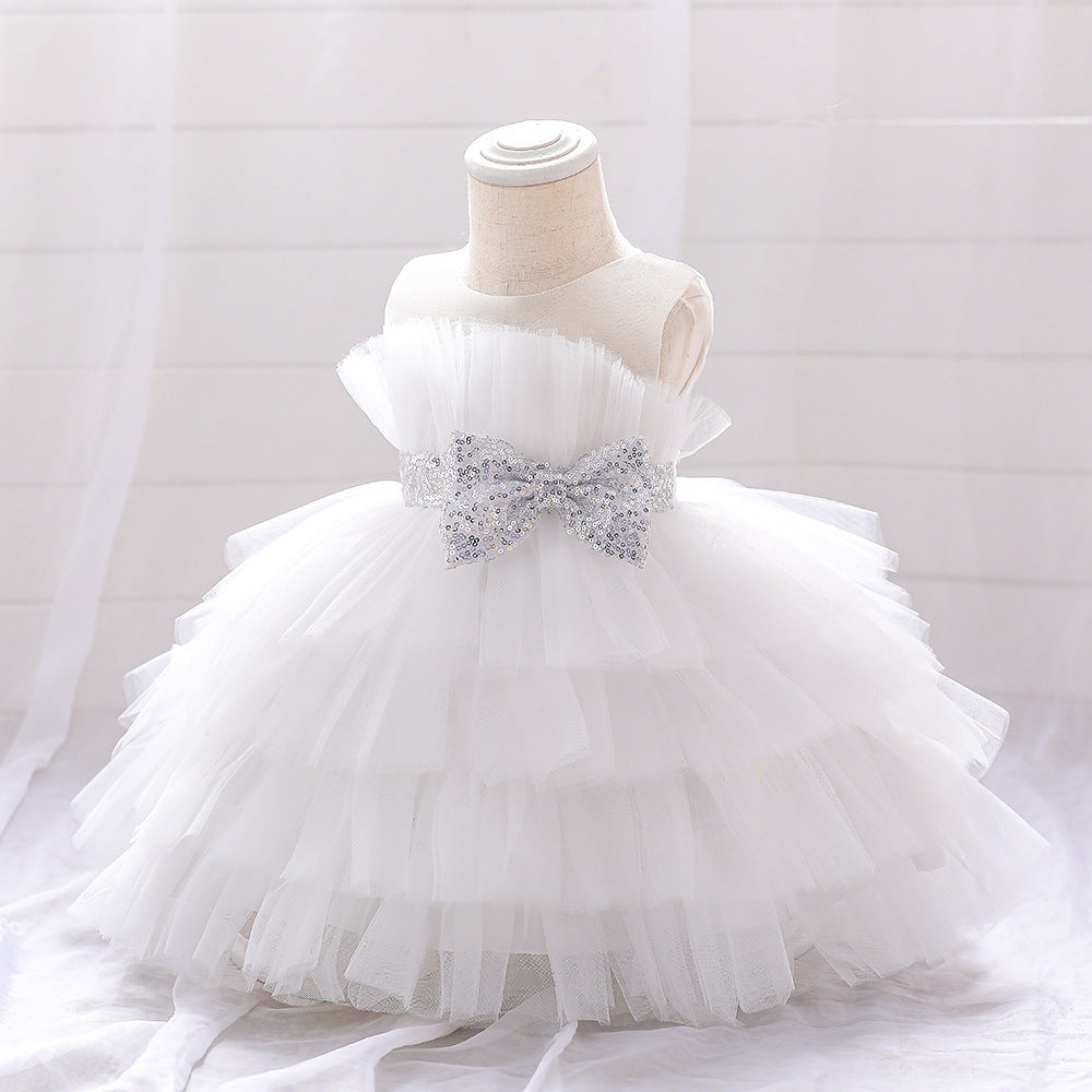 Sequin Bow Puffy Tulle Ball Gown Dress for Girls | Off Shoulder Kids Birthday Dress