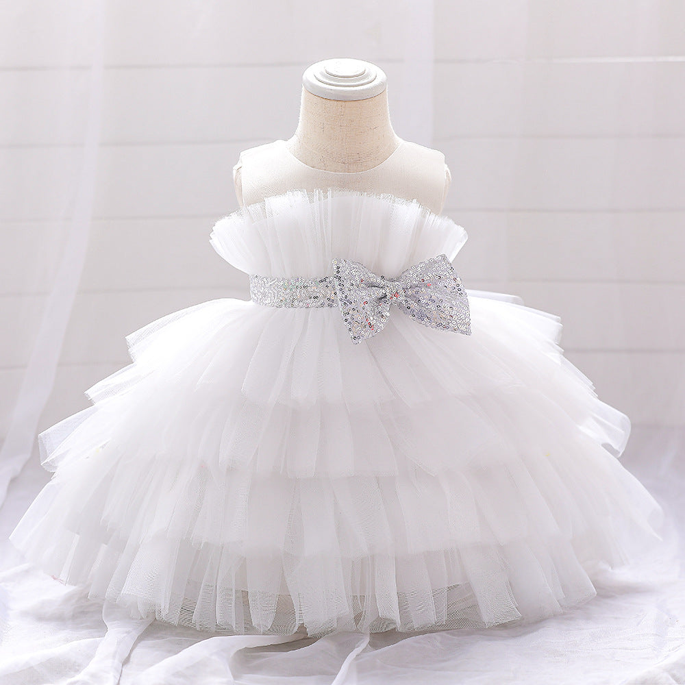 Sequin Bow Puffy Tulle Ball Gown Dress for Girls | Off Shoulder Kids Birthday Dress
