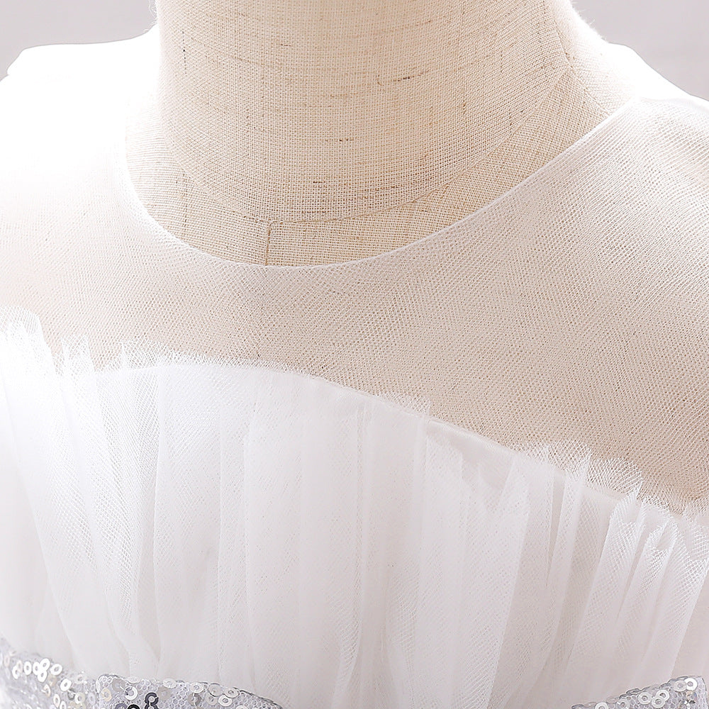 Sequin Bow Puffy Tulle Ball Gown Dress for Girls | Off Shoulder Kids Birthday Dress