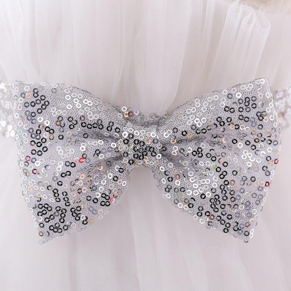 Sequin Bow Puffy Tulle Ball Gown Dress for Girls | Off Shoulder Kids Birthday Dress
